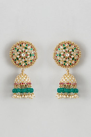 Gold Plated White Kundan Polki & Pearl Jhumka Earrings In Sterling Silver