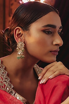Gold Plated White Kundan Polki & Pearl Jhumka Earrings In Sterling Silver