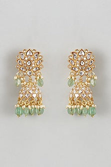 Gold Plated White Kundan Polki & Pearl Jhumka Earrings In Sterling Silver