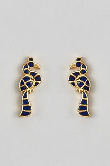 Gold Plated Blue Kundan Polki Pakshi Stud Earrings In Sterling Silver