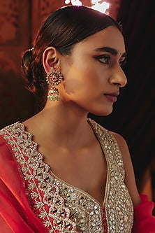 Gold Plated Red Kundan Polki & Pearl Jhumka Earrings In Sterling Silver
