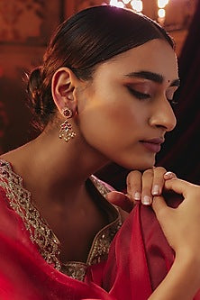 Gold Plated Red Kundan Polki Dangler Earrings In Sterling Silver