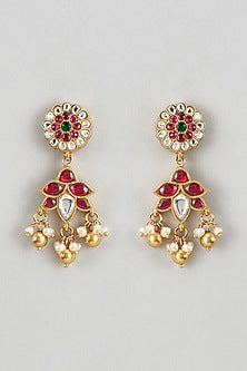 Gold Plated Red Kundan Polki Dangler Earrings In Sterling Silver