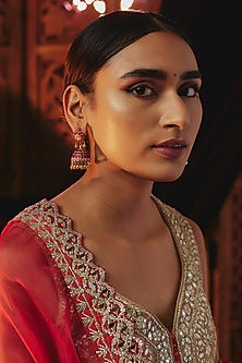 Gold Plated Red Kundan Polki & Beaded Jhumka Earrings In Sterling Silver