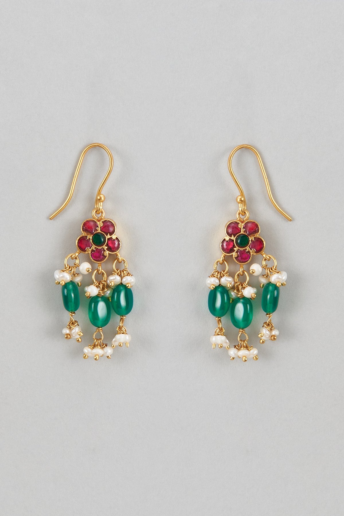 Gold Plated Red Kundan Polki & Pearl Dangler Earrings In Sterling Silver