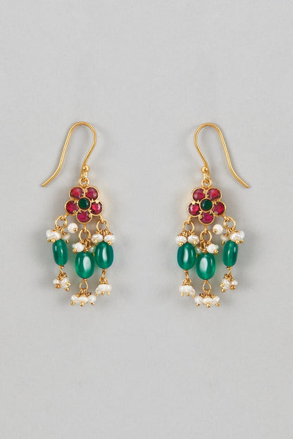 Gold Plated Red Kundan Polki & Pearl Dangler Earrings In Sterling Silver
