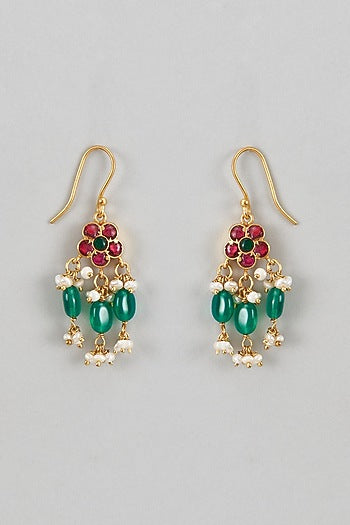 Gold Plated Red Kundan Polki & Pearl Dangler Earrings In Sterling Silver