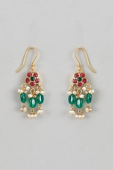 Gold Plated Red Kundan Polki & Pearl Dangler Earrings In Sterling Silver