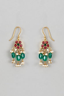 Gold Plated Red Kundan Polki & Pearl Dangler Earrings In Sterling Silver