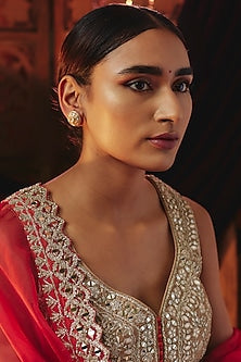 Gold Plated White Kundan Polki Stud Earrings In Sterling Silver
