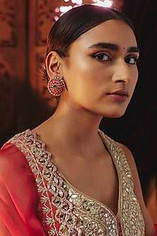 Gold Plated Red Kundan Polki Stud Earrings In Sterling Silver