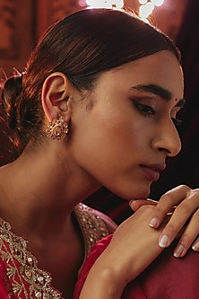 Gold Plated White Zircon & Kundan Polki Stud Earrings In Sterling Silver