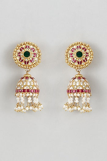 Gold Plated White Kundan Polki & Pearl Jhumka Earrings In Sterling Silver