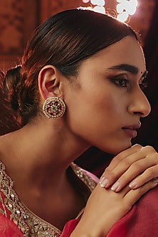 Gold Plated White Kundan Polki & Pearl Stud Earrings In Sterling Silver