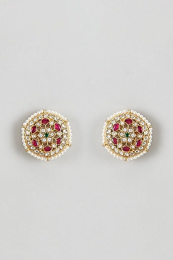 Gold Plated White Kundan Polki & Pearl Stud Earrings In Sterling Silver