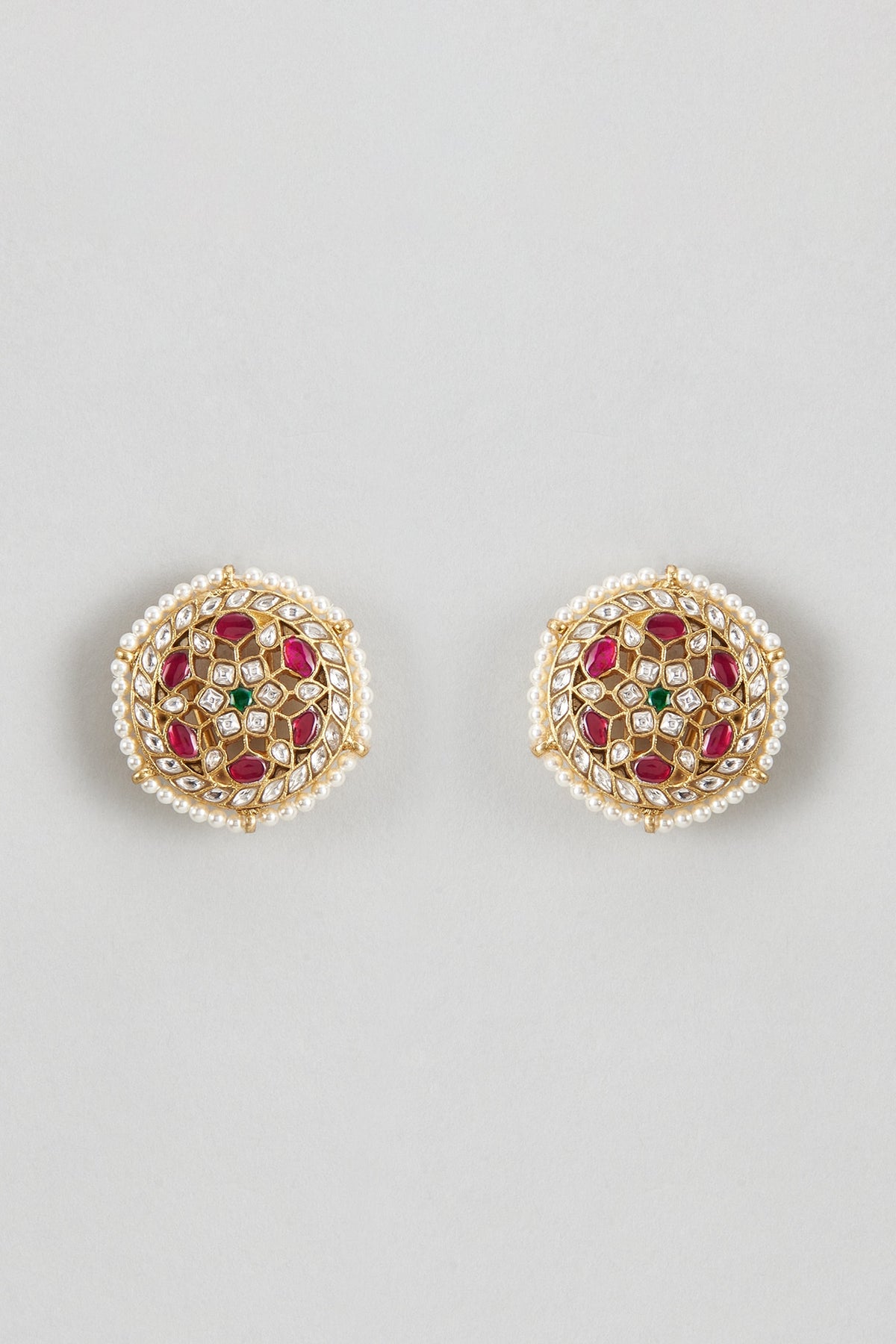 Gold Plated White Kundan Polki & Pearl Stud Earrings In Sterling Silver