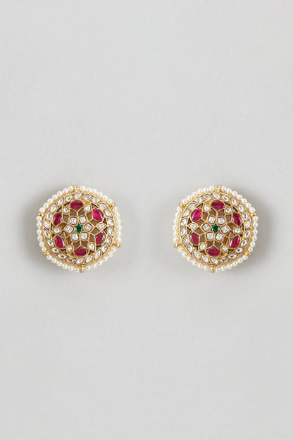 Gold Plated White Kundan Polki & Pearl Stud Earrings In Sterling Silver