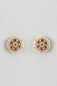 Gold Plated White Kundan Polki & Pearl Stud Earrings In Sterling Silver