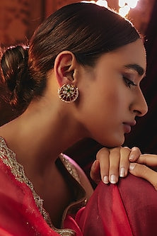 Gold Plated Red Kundan Polki & Pearl Stud Earrings In Sterling Silver