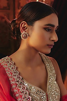 Gold Plated Red Kundan Polki & Pearl Stud Earrings In Sterling Silver