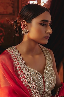 Gold Plated Red Kundan Polki & Pearl Floral Stud Earrings In Sterling Silver