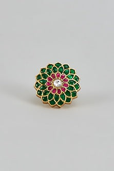 Gold Plated Green Kundan Polki Floral Ring In Sterling Silver