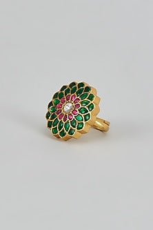 Gold Plated Green Kundan Polki Floral Ring In Sterling Silver