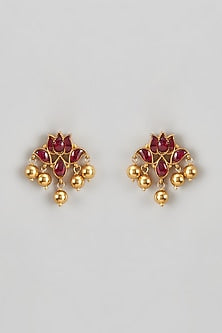 Gold Plated Red Kundan Polki & Beaded Kamal Stud Earrings In Sterling Silver