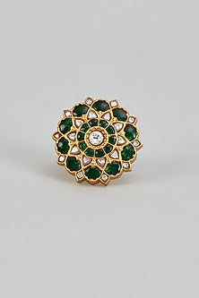 Gold Plated Green Kundan Polki Ring In Sterling Silver