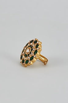 Gold Plated Green Kundan Polki Ring In Sterling Silver