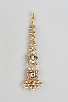 Gold Plated White Kundan Polki & Pearl Maang Tikka In Sterling Silver