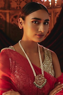 Gold Plated Red Kundan Polki & Pearl Long Pendant Necklace In Sterling Silver