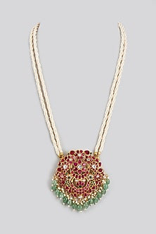Gold Plated Red Kundan Polki & Pearl Long Pendant Necklace In Sterling Silver