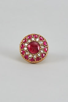 Gold Plated Red Kundan Polki Ring In Sterling Silver