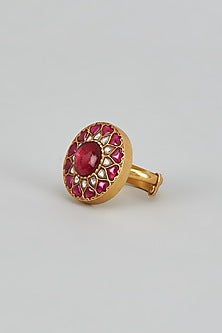Gold Plated Red Kundan Polki Ring In Sterling Silver