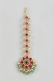 Gold Plated Red Kundan Polki & Pearl Maang Tikka In Sterling Silver