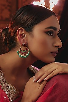 Gold Plated Red Kundan Polki & Pearl Chandbali Earrings In Sterling Silver