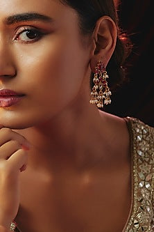 Gold Plated Red Kundan Polki & Pearl Dangler Earrings In Sterling Silver