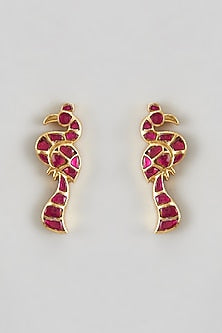 Gold Plated Red Kundan Polki Pakshi Stud Earrings In Sterling Silver