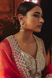 Gold Plated Red Kundan Polki & Pearl Jhumka Earrings In Sterling Silver