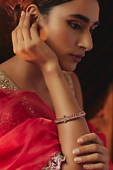 Gold Plated Red Kundan Polki Bangle In Sterling Silver