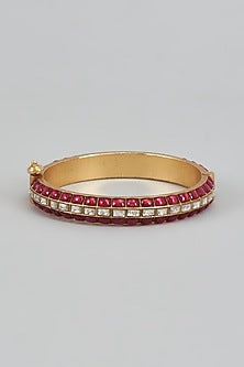 Gold Plated Red Kundan Polki Bangle In Sterling Silver