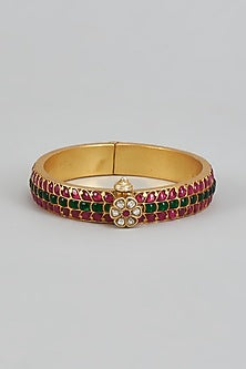 Gold Plated Red Kundan Polki Bangle In Sterling Silver