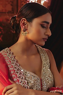 Gold Plated Red Kundan Polki Dangler Earrings In Sterling Silver