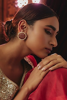 Gold Plated Red Kundan Polki & Pearl Stud Earrings In Sterling Silver
