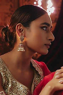 Gold Plated Red Kundan Polki & Pearl Jhumka Earrings In Sterling Silver