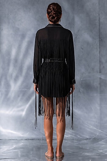 Black Satin Fringe Embroidered Skirt Set