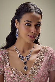 White Finish Zircon & Blue Stone Long Necklace Set