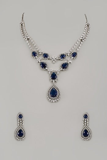 White Finish Zircon & Blue Stone Long Necklace Set