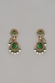 Gold Finish Kundan Polki & Green Stone Dangler Earrings